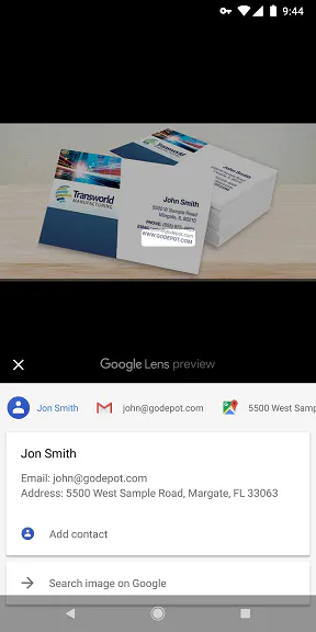 Google Lens preview of a business card, offering to add the name, email and address as a contact