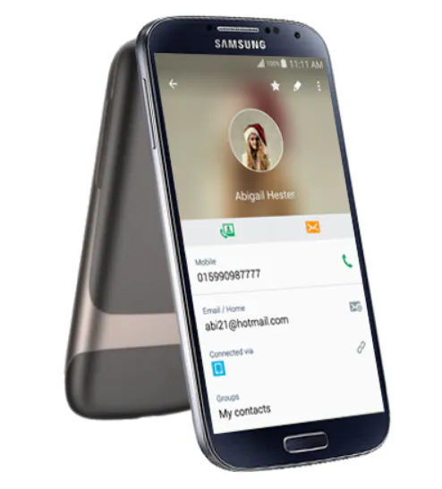 Samsung phone open on a contact's details, ready to share over NFC