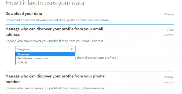 LinkedIn setting for who can discover your profile from your email address, set to Everyone