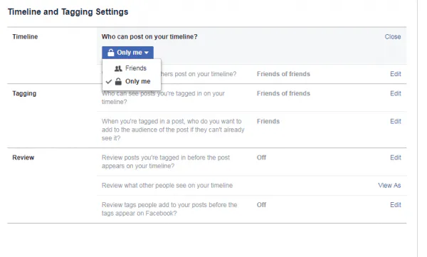 Facebook Who can post on your timeline setting open, with Friends and Only me options