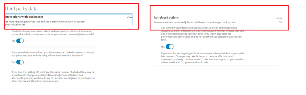 LinkedIn Interactions with businesses and Ad-related actions settings, each with an on/off toggle