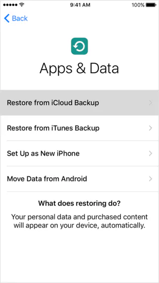 iPhone Apps & Data setup screen with Restore from iCloud Backup highlighted