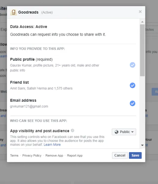 Facebook app permissions pop-up listing the info shared with the app and its visibility
