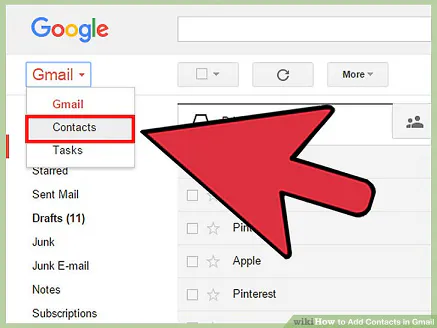 Gmail menu with an arrow pointing to Contacts