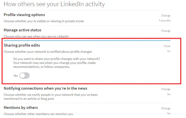 LinkedIn Sharing profile edits setting open, with the switch turned off
