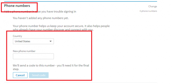 LinkedIn Phone numbers setting with the form to add a country and phone number and send a code