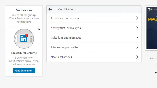 LinkedIn On LinkedIn notification categories, starting with Activity in your network