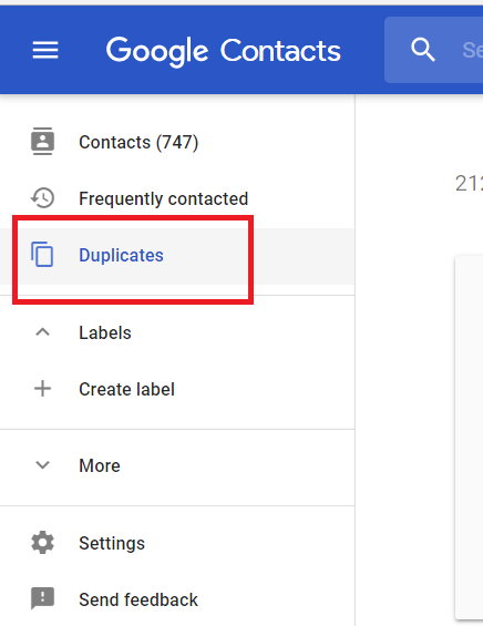 Google Contacts sidebar with Duplicates highlighted below Contacts