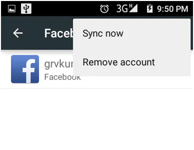 Android Facebook account menu with Sync now and Remove account