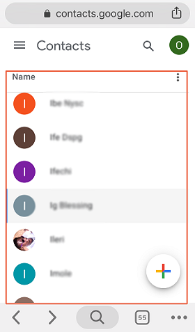 Google Contacts on a mobile browser with the contact list highlighted