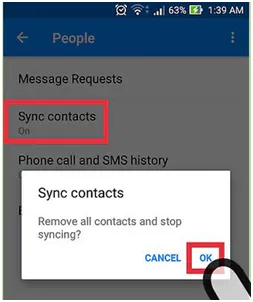 Messenger Sync contacts turned on, with the dialog to stop syncing and OK highlighted