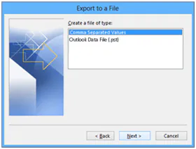 Outlook Export to a File dialog with Comma Separated Values selected