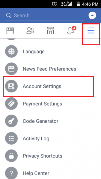 Facebook app menu on Android with Account Settings highlighted