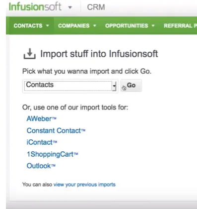 Infusionsoft Import stuff into Infusionsoft page with Contacts chosen and the Go button