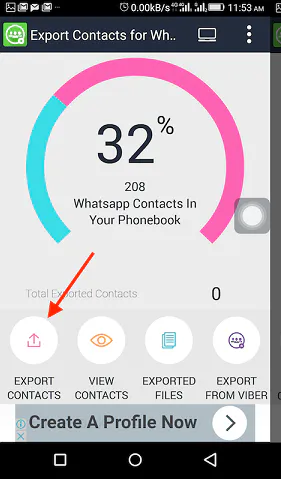 Export Contacts for WhatsApp app with an arrow pointing to the Export Contacts button