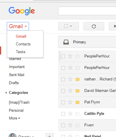 Gmail menu opened from the Gmail label, with Contacts