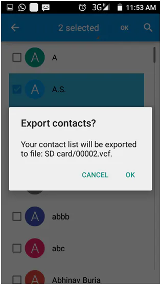 Android Export contacts? dialog saving the contact list to a VCF file on the SD card