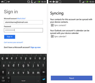 Microsoft account sign-in on Android, then the Syncing screen with Sync contacts checked