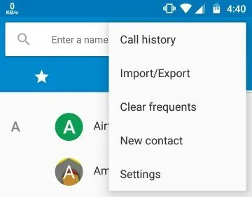 Android Contacts menu with Import/Export