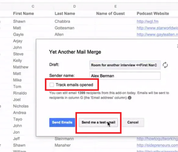Yet Another Mail Merge dialog with Track emails opened and Send me a test email highlighted