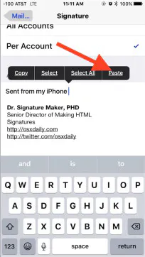 iPhone Signature screen with an arrow pointing to Paste to add a copied signature
