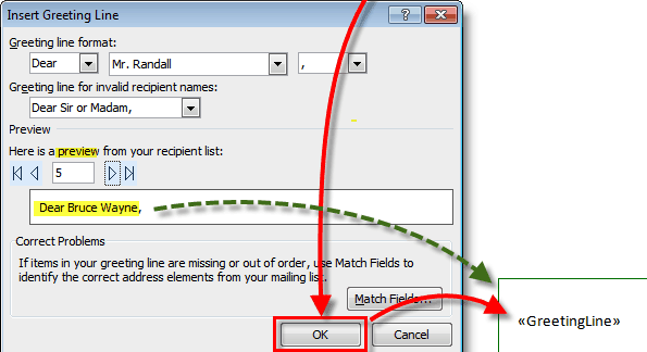 Word Insert Greeting Line dialog with a preview and OK highlighted