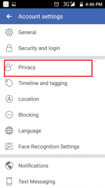 Facebook app Account settings with Privacy highlighted