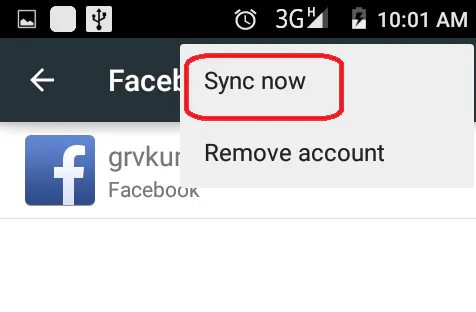 Android Facebook account menu with Sync now circled