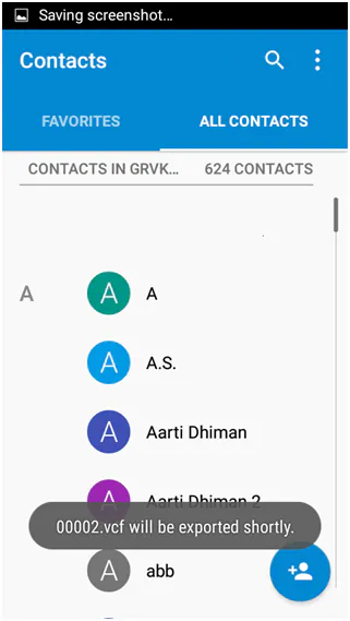 Android Contacts with a message that the VCF file will be exported shortly