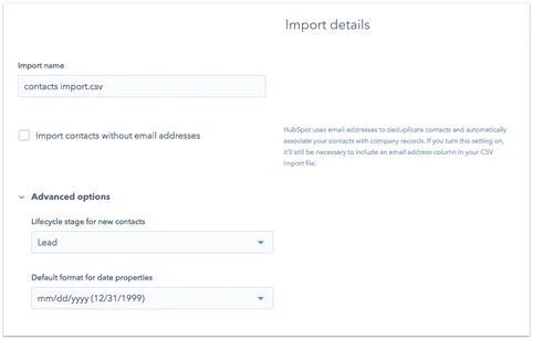 HubSpot Import details with the import name and Advanced options for lifecycle stage and date format