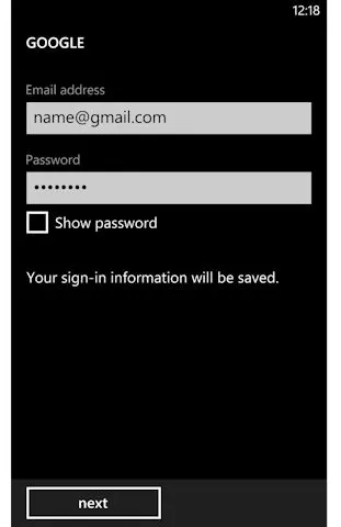Windows Phone Google sign-in screen with email address and password