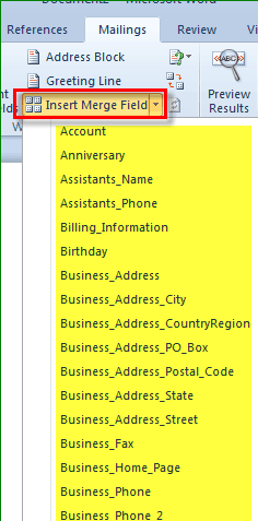 Word Insert Merge Field menu open with the list of contact fields