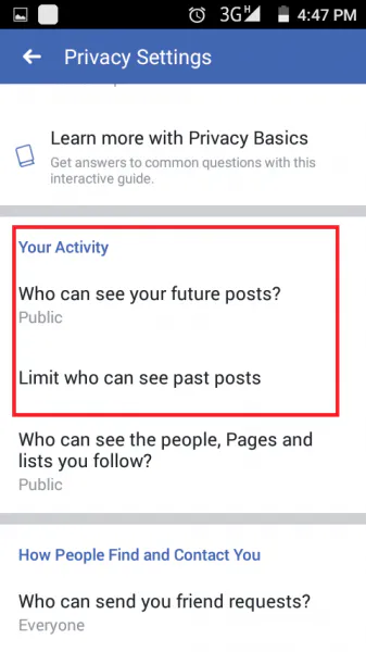 Facebook app Privacy Settings with the Your Activity options highlighted