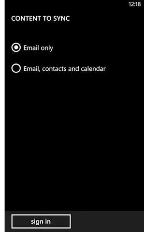 Windows Phone Content to sync options, including Email, contacts and calendar