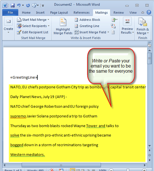 Word document with the GreetingLine field above the email text that is the same for everyone