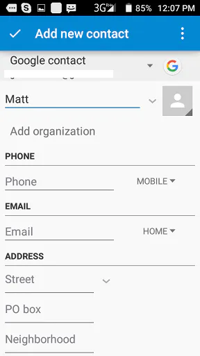 Android Add new contact form with name, phone, email and address fields