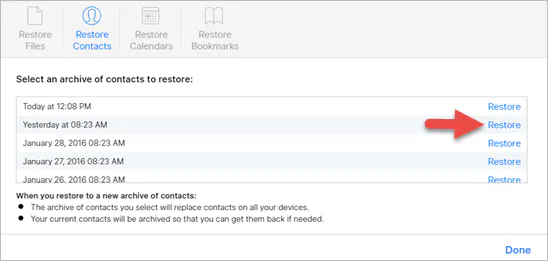 iCloud Restore Contacts tab listing contact archives by date, with an arrow pointing to Restore