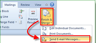Word Finish & Merge menu with Send E-mail Messages highlighted