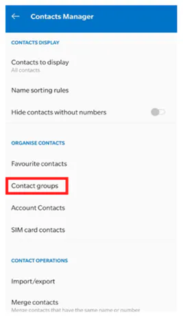 Android Contacts Manager settings with Contact groups highlighted