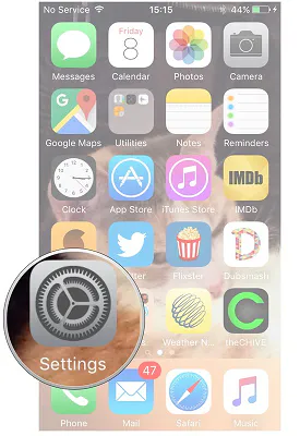 iPhone home screen with the Settings app magnified