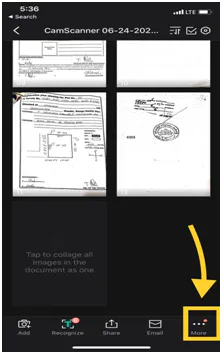 CamScanner document open on iPhone with an arrow pointing to More at the bottom right
