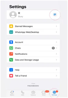 WhatsApp Settings on iPhone with the QR icon next to the name circled