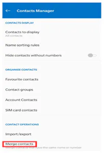 Android Contacts Manager settings with Merge contacts highlighted