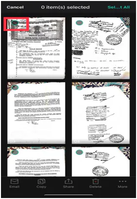 CamScanner document list in selection mode, with the selection circle on a document highlighted