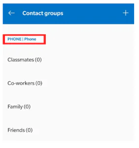 Android Contact groups screen with the phone's groups, such as Classmates, Co-workers and Family