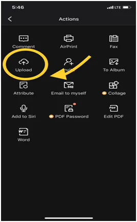 CamScanner Actions menu with Upload circled