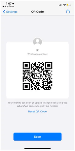WhatsApp QR Code screen on iPhone with the personal QR code and the Scan button