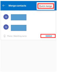 Android Merge contacts screen with the Quick merge and Merge buttons highlighted