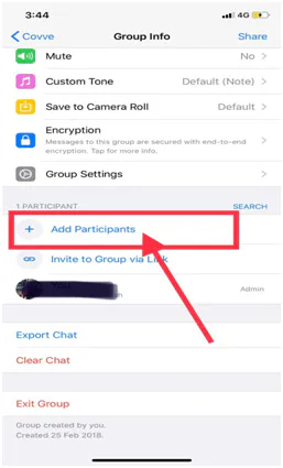 WhatsApp Group Info on iPhone with an arrow pointing to Add Participants