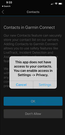 Garmin Connect Contacts screen with a prompt to allow access to your contacts